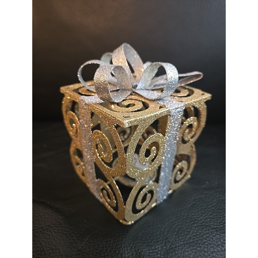 Gold Silver Sparkly Metal Tea Light Candle Holder Christmas Gift Box Design
